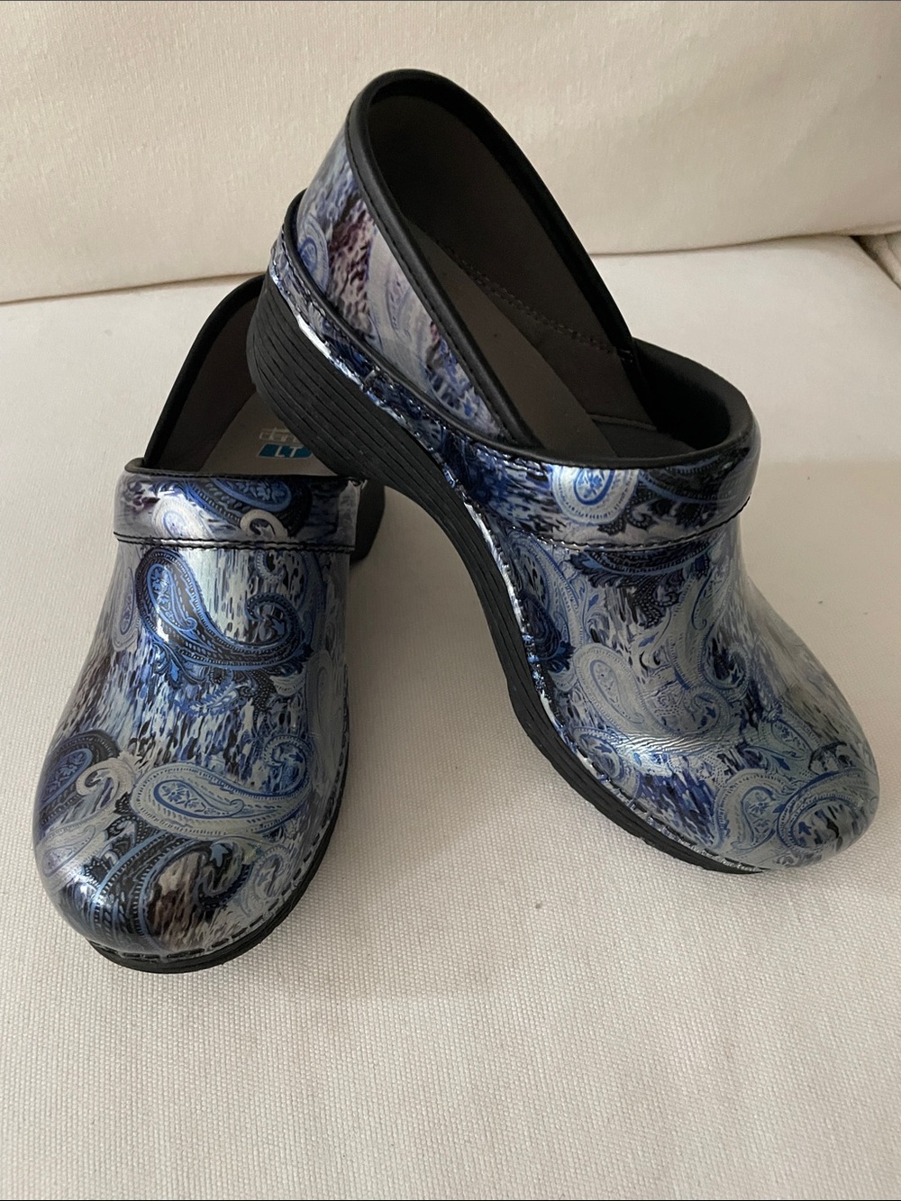 Dansko Blue Paisley Patent Leather Clogs